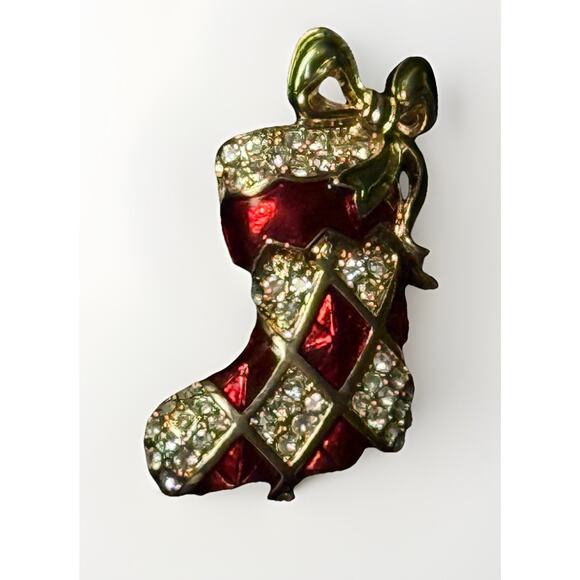Vintage Christmas stocking brooch enamel and rhinestone gold tone Monet - Picture 4 of 7